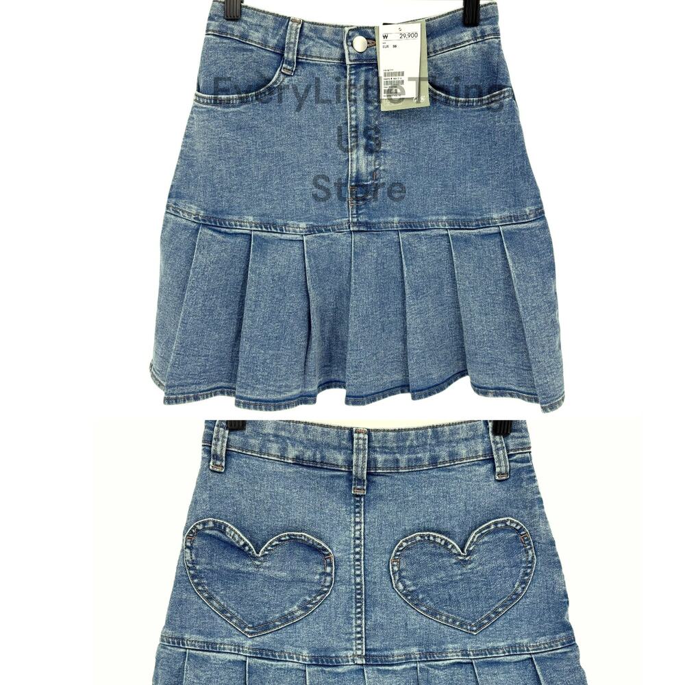 NEW Pleated Denim Mini Skirt 4 Y2K Preppy School Girl Heart Pockets H&M Divided